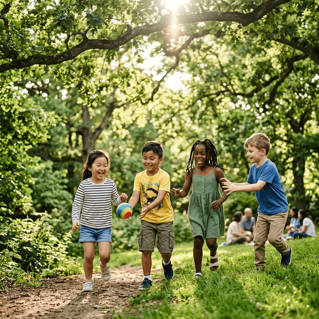 Social contribution - Diverse children (Korean, SE Asian, Black, White) playing together